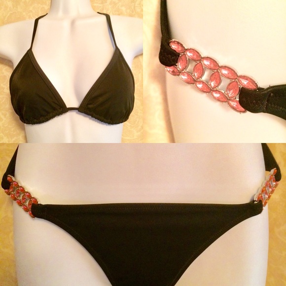 NWOT Victoria’s Secret Triangle Jeweled Black Bikini - Picture 2 of 8